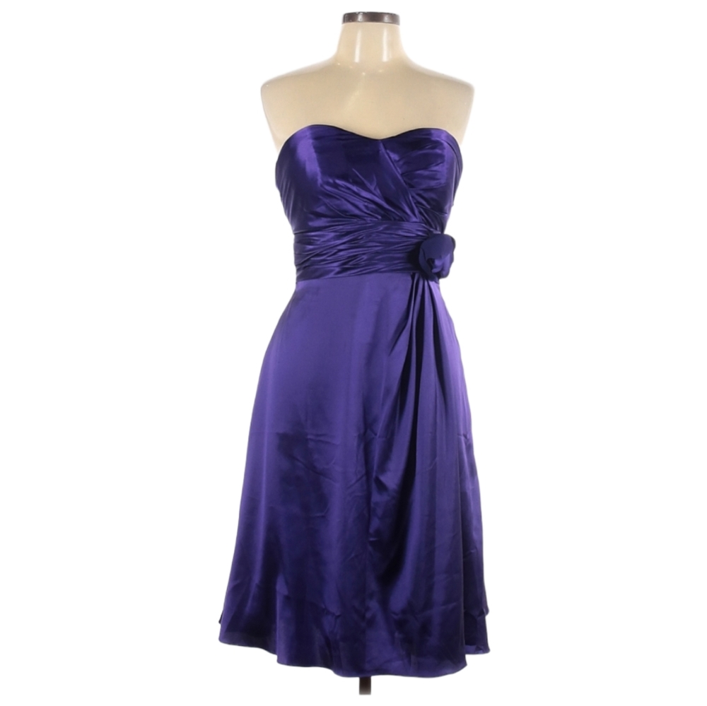 Bill Levkoff Cocktail Party Dress Size 10 Purple Strapless Ruching Flower Detail